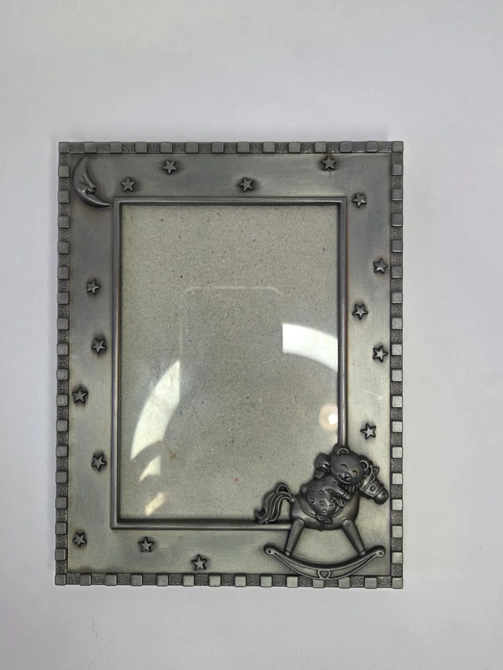 Vintage Pewter Celestial Teddy Bear Rocking Horse Picture Frame